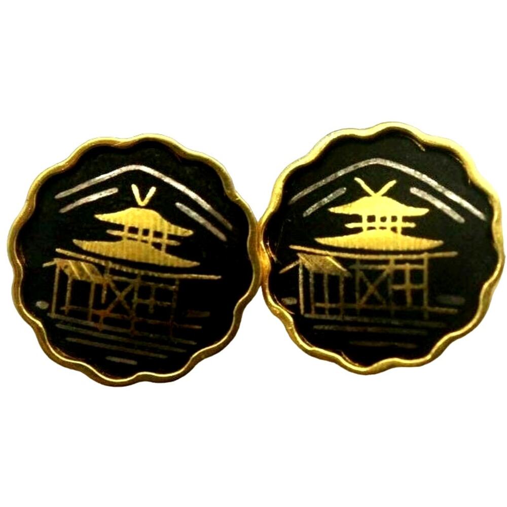 Vintage 1940s Amita Damascene Golden Pagoda on Black Enamel Pierced Earrings